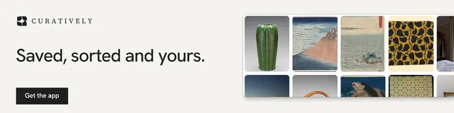 LinkedIn banner for Curatively: "Saved, sorted and yours." Swiss style, bottom layout, light palette in white, grey.