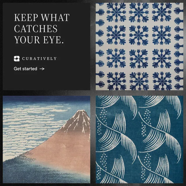 Instagram post for Curatively: "Keep what catches your eye." Minimal luxury style, collage layout, dark palette in blue, black, grey.