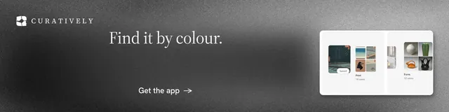 LinkedIn banner for Curatively: "Find it by colour." Minimal luxury style, skeleton layout, dark palette in grey, black, white.