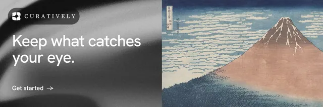 X header for Curatively: "Keep what catches your eye." Minimal luxury style, bottom layout, light palette in black, grey.
