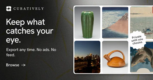 Social ad for Curatively: "Keep what catches your eye." Minimal luxury style, sticker layout, dark palette in grey, black.