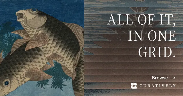 Social ad for Curatively: "All of it, in one grid." Minimal luxury style, right layout, dark palette in grey, black.