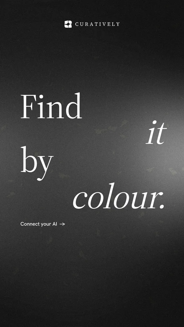 Instagram story for Curatively: "Find it by colour." Minimal luxury style, stacked layout, dark palette in black, grey.