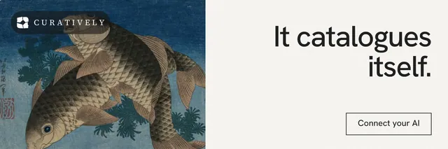 X header for Curatively: "It catalogues itself." Editorial style, right layout, light palette in white, blue, grey.