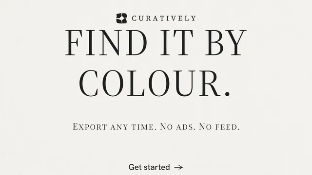 Landscape graphic for Curatively: "Find it by colour." Editorial style, smallcaps layout, light palette in white.