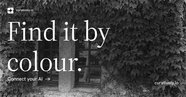 Social ad for Curatively: "Find it by colour." Minimal luxury style, poster layout, dark palette in black, grey.