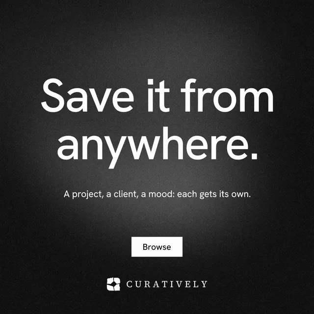 Instagram post for Curatively: "Save it from anywhere." Swiss style, centred layout, dark palette in black, grey.