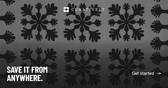 Social ad for Curatively: "Save it from anywhere." Retro print style, image led layout, dark palette in black, grey.