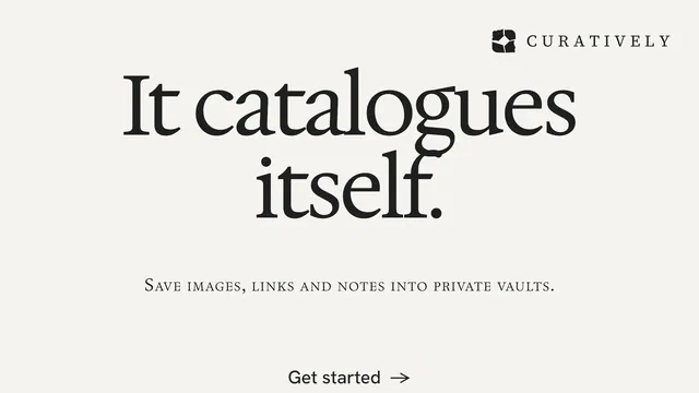 Landscape graphic for Curatively: "It catalogues itself." Swiss style, smallcaps layout, light palette in white, grey.