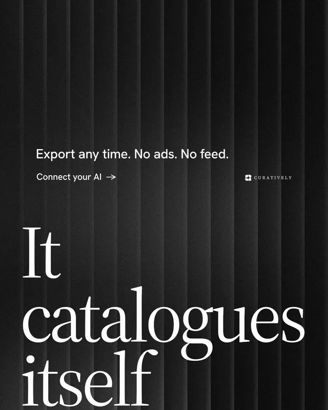 Instagram portrait post for Curatively: "Keep a vault for each thing you make." Minimal luxury style, oversized layout, dark palette in black, grey.