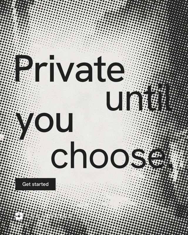 Instagram portrait post for Curatively: "Private until you choose." Retro print style, stacked layout, light palette in grey, white.
