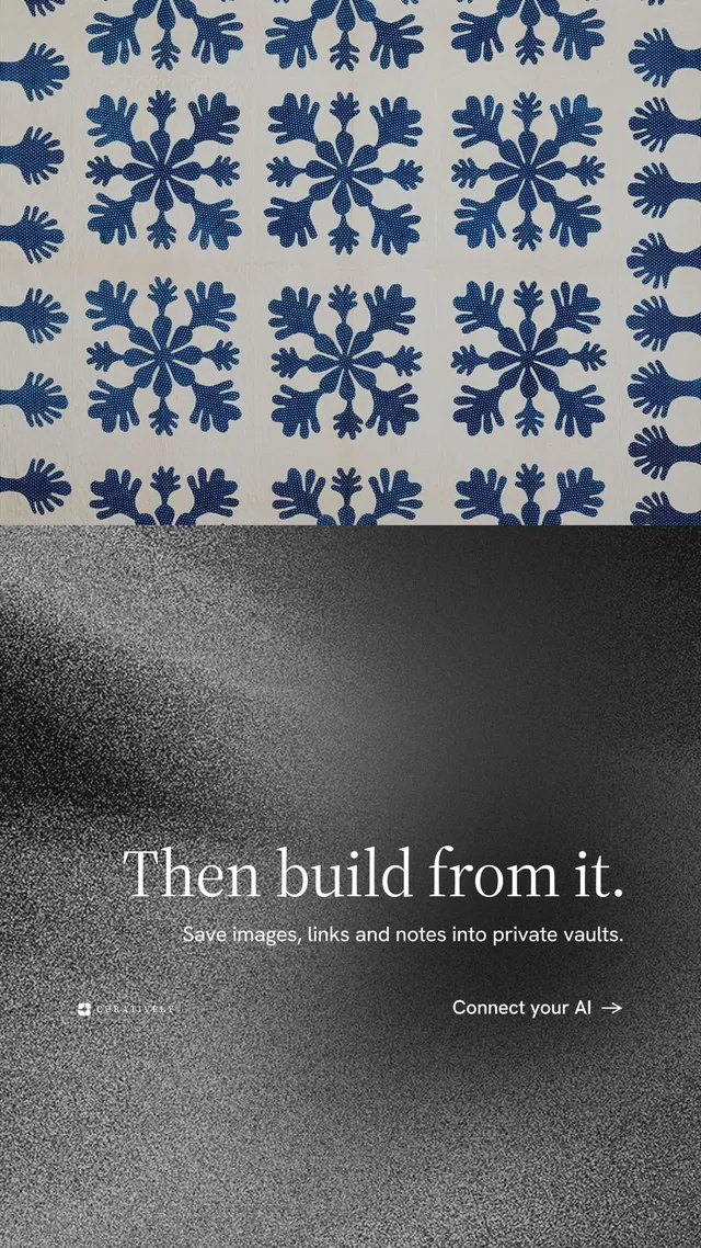 Instagram story for Curatively: "Then build from it." Minimal luxury style, right layout, dark palette in grey, black.