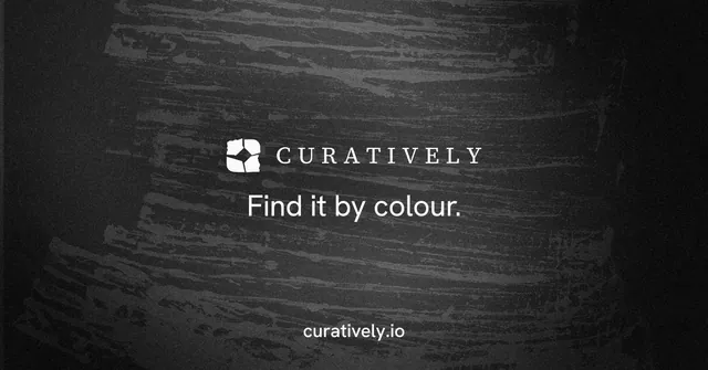 Social ad for Curatively: "Find it by colour." Minimal luxury style, end card layout, dark palette in black, grey.