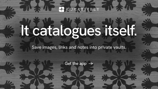 Landscape graphic for Curatively: "It catalogues itself." Minimal luxury style, centred layout, dark palette in black, grey.