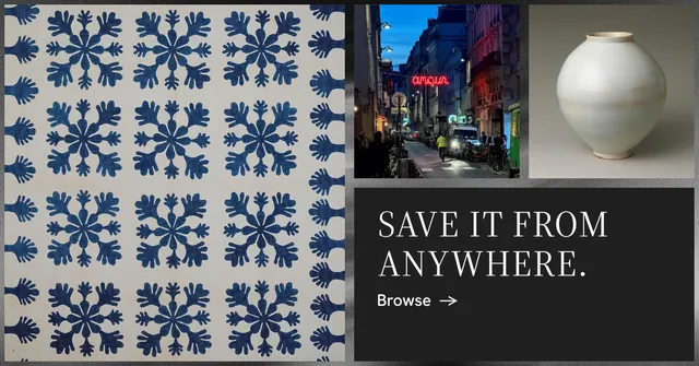 Social ad for Curatively: "Save it from anywhere." Minimal luxury style, collage layout, dark palette in black, grey.