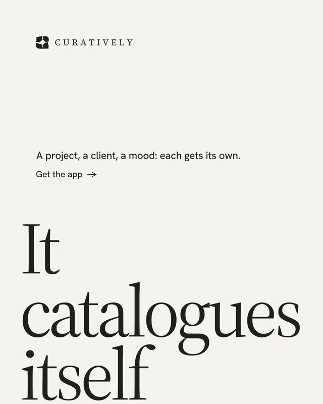Instagram portrait post for Curatively: "Find it by colour." Minimal luxury style, oversized layout, light palette in white, grey.