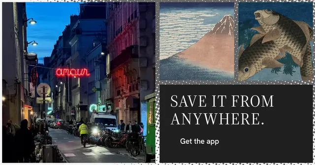 Social ad for Curatively: "Save it from anywhere." Split block style, collage layout, dark palette in grey, black.