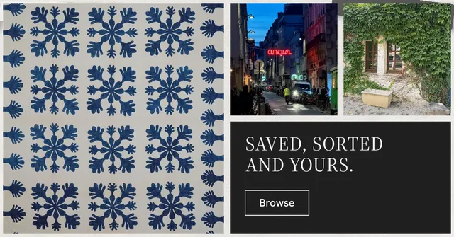Social ad for Curatively: "Saved, sorted and yours." Editorial style, collage layout, dark palette in black, grey.