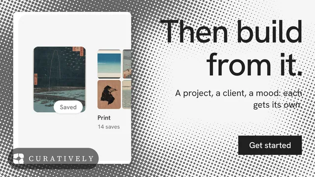 Landscape graphic for Curatively: "Then build from it." Split block style, right layout, light palette in white, grey.