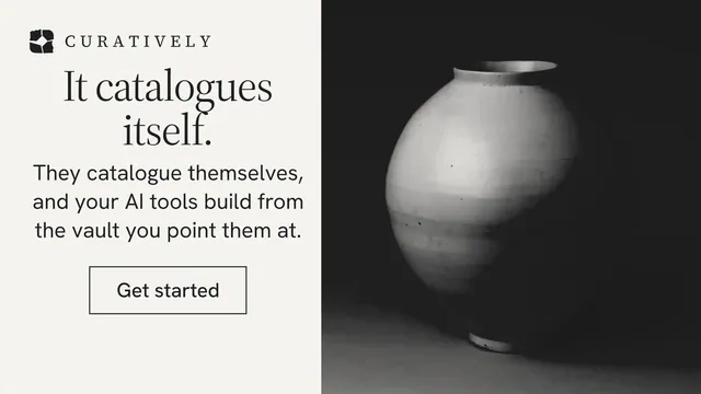 Landscape graphic for Curatively: "It catalogues itself." Editorial style, skeleton layout, light palette in black, white, grey.