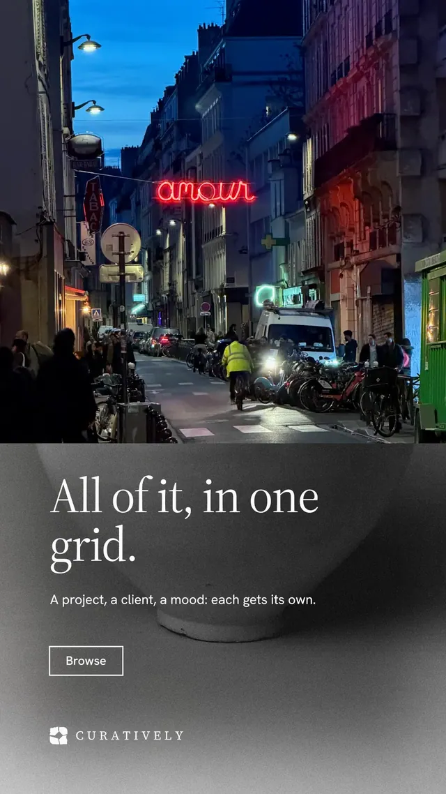 Instagram story for Curatively: "All of it, in one grid." Editorial style, bottom layout, dark palette in grey, black, red.