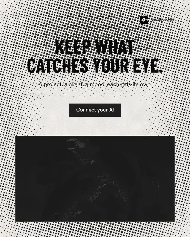 Instagram portrait post for Curatively: "Keep what catches your eye." Retro print style, centred layout, light palette in black, grey, white.