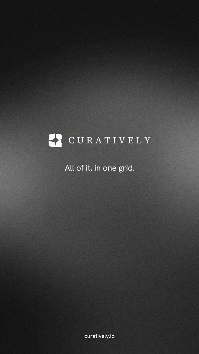 Instagram story for Curatively: "All of it, in one grid." Swiss style, end card layout, dark palette in black, grey.