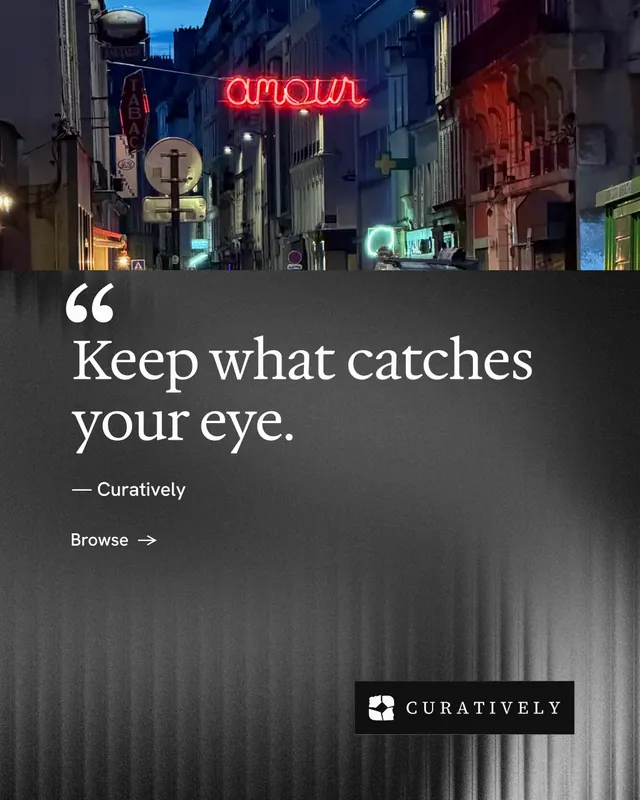 Instagram portrait post for Curatively: "Saved, sorted and yours." Minimal luxury style, quote layout, dark palette in black, grey.