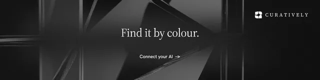 LinkedIn banner for Curatively: "Find it by colour." Minimal luxury style, centred layout, dark palette in black, grey.