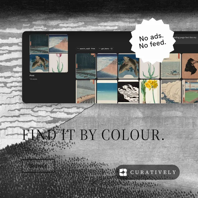 Instagram post for Curatively: "Find it by colour." Editorial style, sticker layout, light palette in black, grey, white.