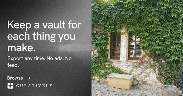 Social ad for Curatively: "Keep a vault for each thing you make." Minimal luxury style, bottom layout, dark palette in grey, black.