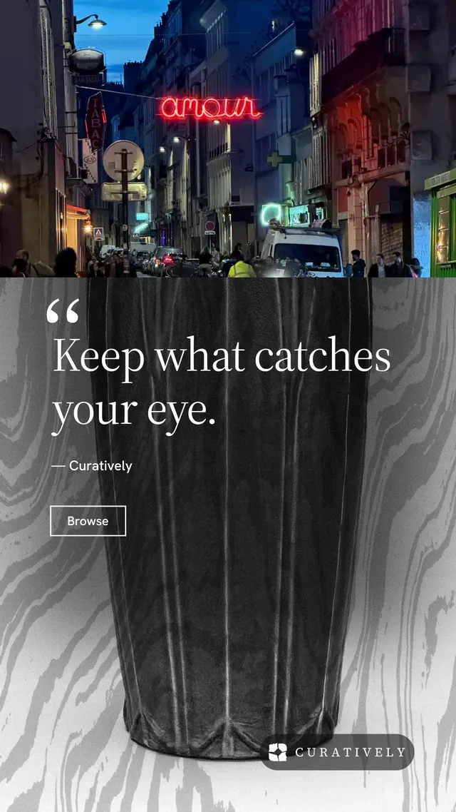 Instagram story for Curatively: "Then build from it." Editorial style, quote layout, dark palette in grey, blue, black.