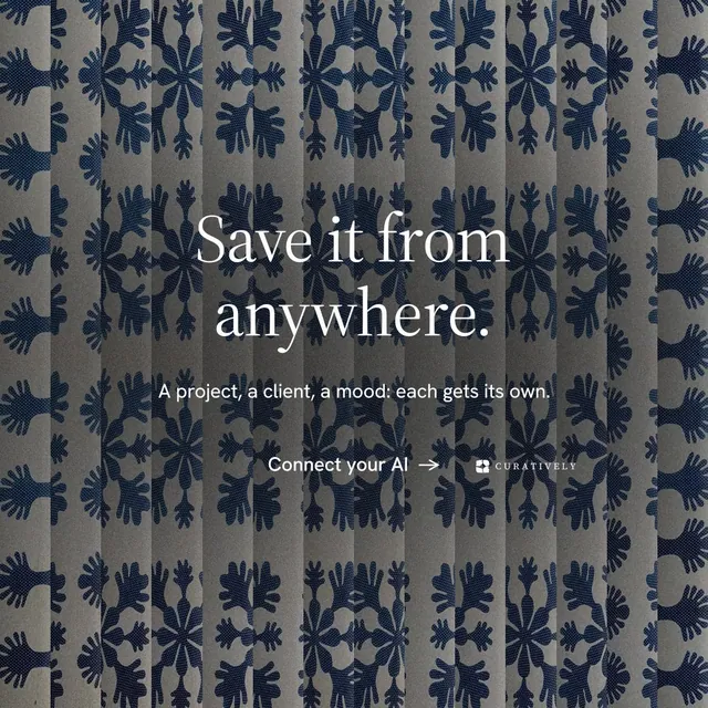 Instagram post for Curatively: "Save it from anywhere." Minimal luxury style, centred layout, dark palette in grey, blue.