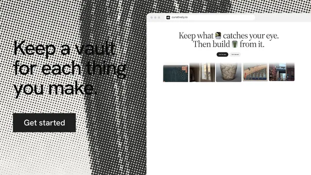 Landscape graphic for Curatively: "Keep a vault for each thing you make." Swiss style, browser layout, light palette in white, grey.