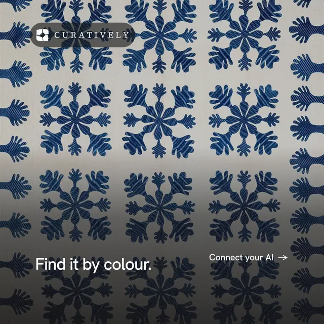 Instagram post for Curatively: "Find it by colour." Editorial style, image led layout, dark palette in grey, blue.