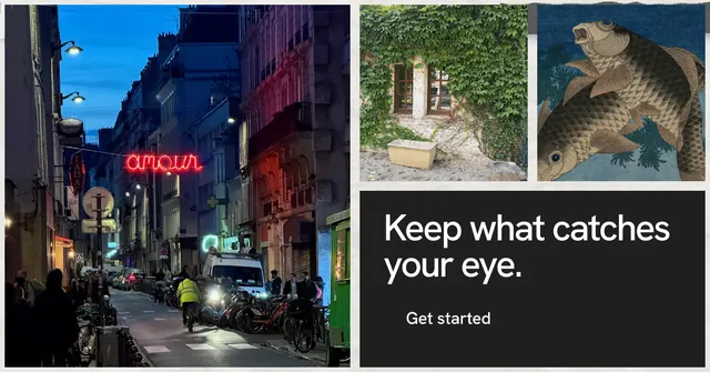 Social ad for Curatively: "Keep what catches your eye." Swiss style, collage layout, dark palette in black, grey.