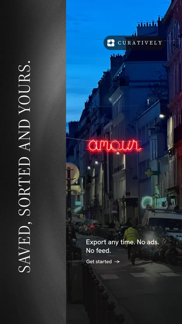 Instagram story for Curatively: "Saved, sorted and yours." Minimal luxury style, vertical layout, dark palette in black, blue.