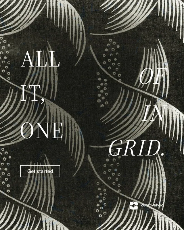 Instagram portrait post for Curatively: "All of it, in one grid." Editorial style, stacked layout, dark palette in grey, black.