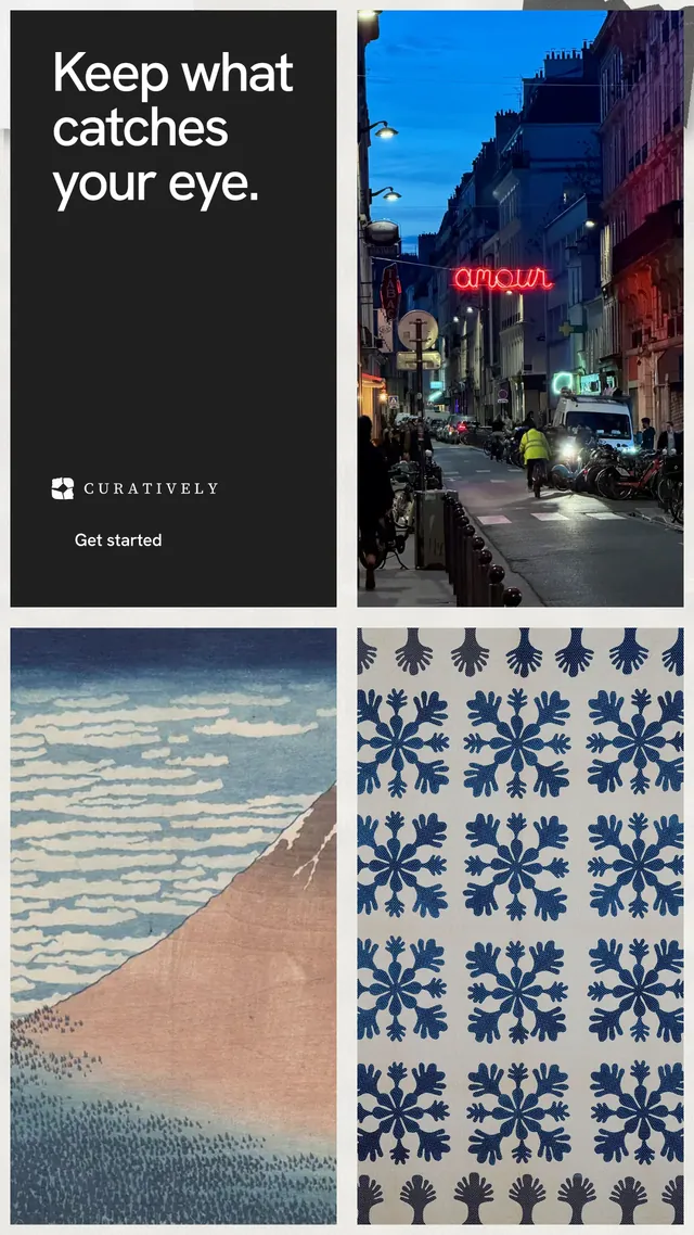 Instagram story for Curatively: "Keep what catches your eye." Swiss style, collage layout, dark palette in grey, black, blue.