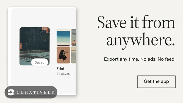 Landscape graphic for Curatively: "Save it from anywhere." Editorial style, right layout, light palette in white, grey.
