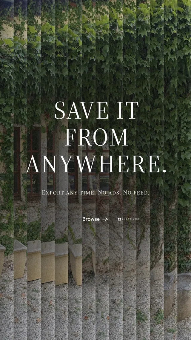 Instagram story for Curatively: "Save it from anywhere." Minimal luxury style, smallcaps layout, dark palette in black, grey.