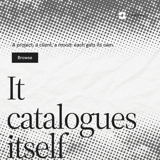 Instagram post for Curatively: "Keep what catches your eye." Split block style, oversized layout, light palette in grey, white.