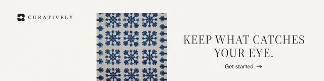 LinkedIn banner for Curatively: "Keep what catches your eye." Minimal luxury style, skeleton layout, light palette in white, grey.