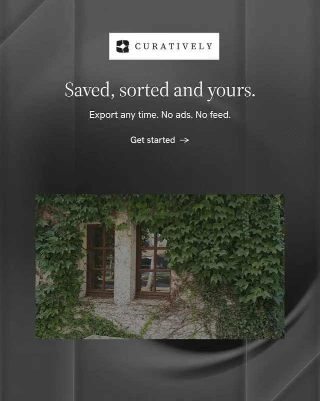 Instagram portrait post for Curatively: "Saved, sorted and yours." Minimal luxury style, centred layout, dark palette in black, grey.
