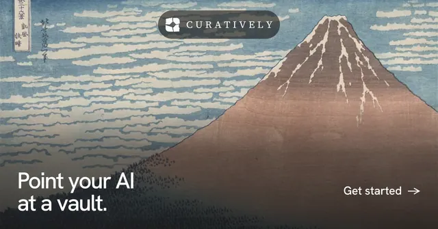Social ad for Curatively: "Point your AI at a vault." Swiss style, image led layout, light palette in black, grey.