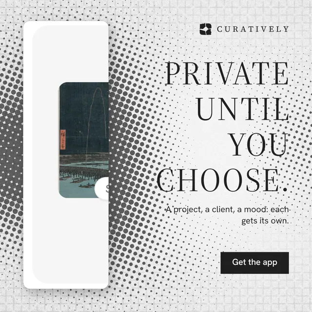 Instagram post for Curatively: "Private until you choose." Split block style, right layout, light palette in white, grey.