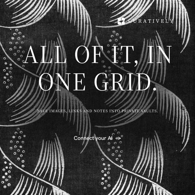 Instagram post for Curatively: "All of it, in one grid." Editorial style, smallcaps layout, dark palette in black, grey.