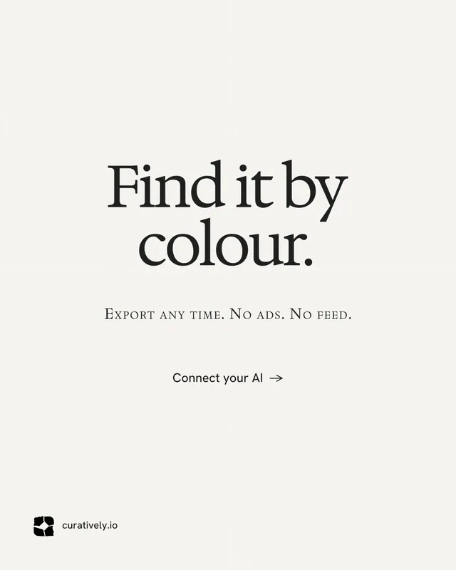 Instagram portrait post for Curatively: "Find it by colour." Swiss style, smallcaps layout, light palette in white.