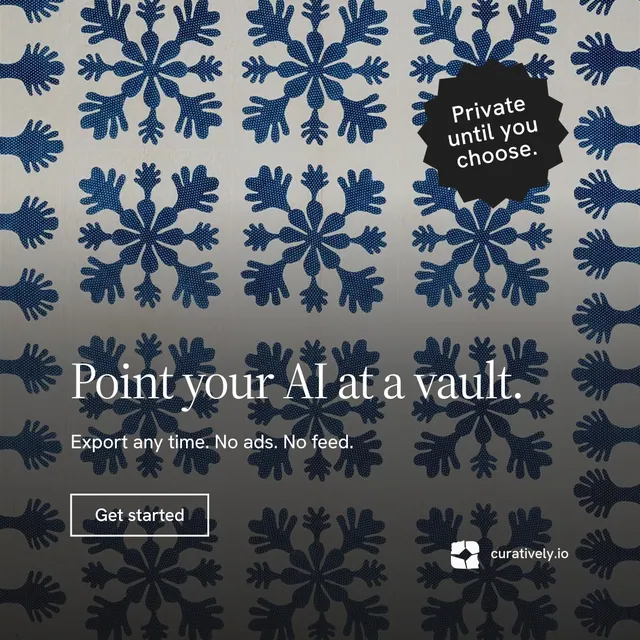 Instagram post for Curatively: "Point your AI at a vault." Editorial style, sticker layout, dark palette in grey, black, blue.