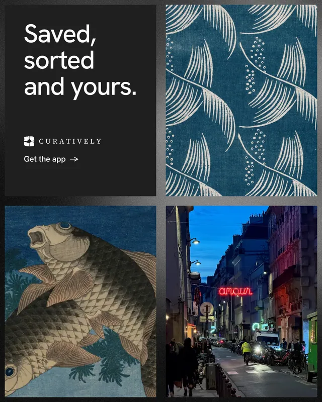 Instagram portrait post for Curatively: "Saved, sorted and yours." Minimal luxury style, collage layout, dark palette in black, teal, grey.